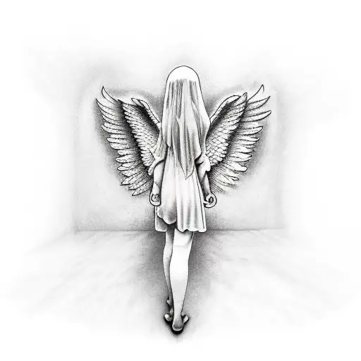 angel looking down wings to one side tattoo design idea