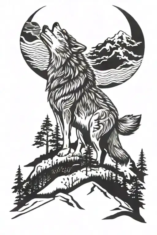 wolf howling at moon mountains trees tattoo design idea