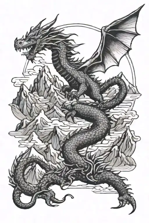dragon flying mountains tattoo design idea