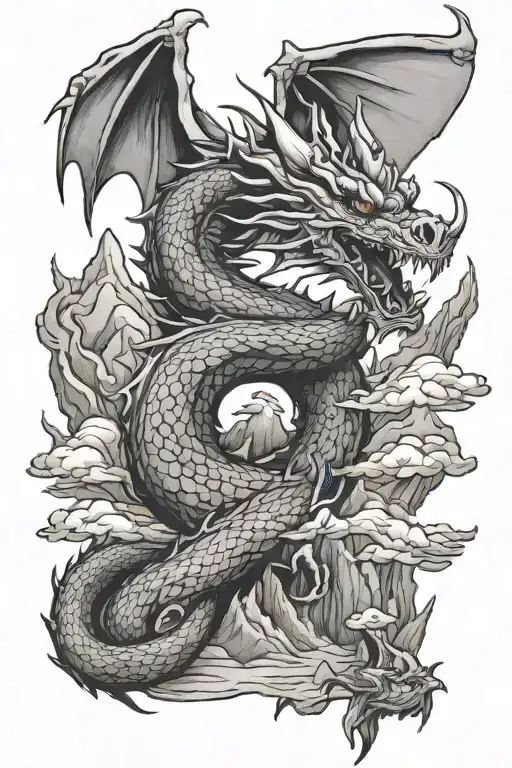 dragon flying mountains tattoo design idea