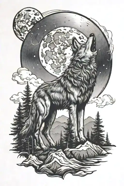 wolf howling at moon mountains trees tattoo design idea