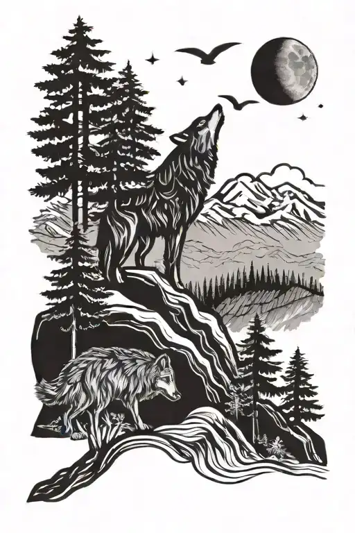 wolf howling at moon mountains trees tattoo design idea
