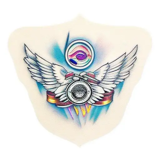 Feathered Wings with music notes and barbershop items and the other with paint brushes and music tattoo design idea