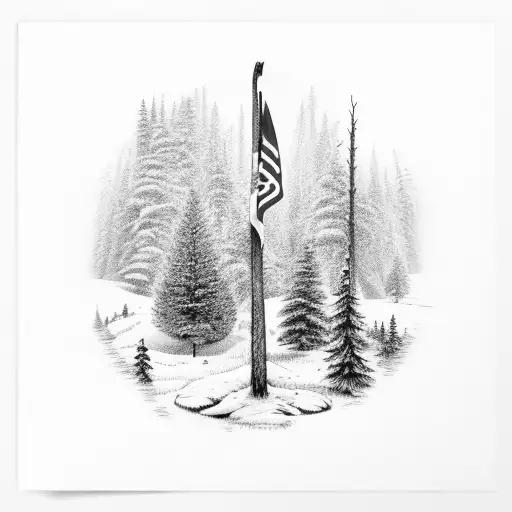 finnish forest with finnish flag raised by humans tattoo design idea
