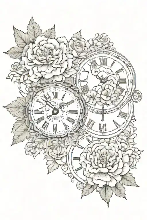 2 clock faces, marigold flower, carnation flower tattoo design idea