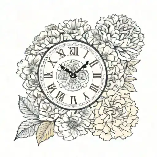 2 clock faces, marigold flower, carnation flower tattoo design idea
