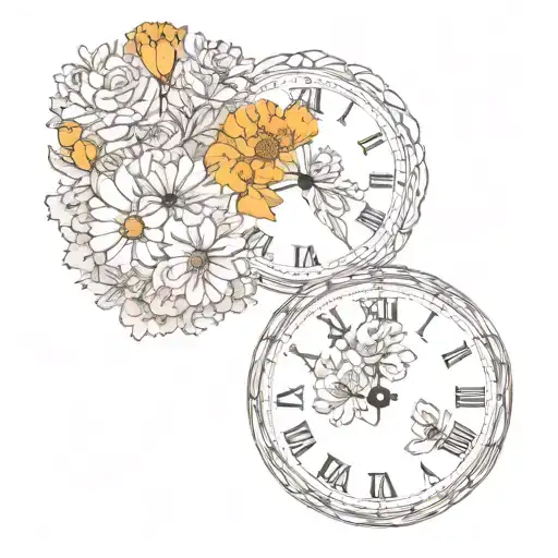 clock faces one 5am the other 10:15pm, marigold flower, carnation flower tattoo design idea