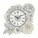 2 clock faces, marigold flower, carnation flower tattoo design idea