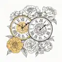 2 clock faces, marigold flower, carnation flower tattoo design idea