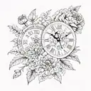2 clock faces, marigold flower, carnation flower tattoo design idea