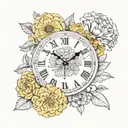 2 clock faces, marigold flower, carnation flower tattoo design idea