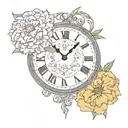 clock faces one 5am the other 10:15pm, marigold flower, carnation flower tattoo design idea