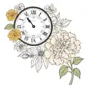 clock faces one 5am the other 10:15pm, marigold flower, carnation flower tattoo design idea