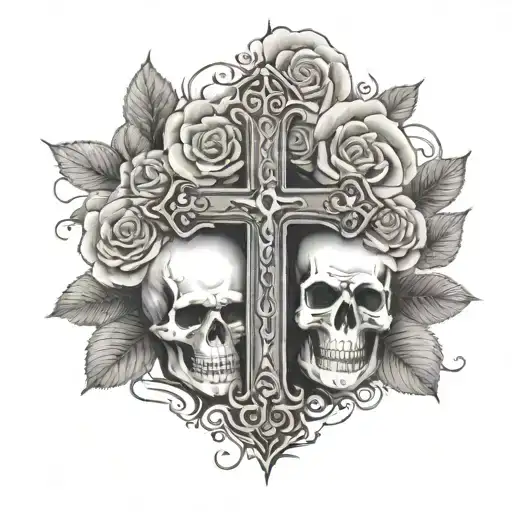 a forearm tattoo with a cross in the middle with three skulls on the base of the cross with the background of roses tattoo design idea