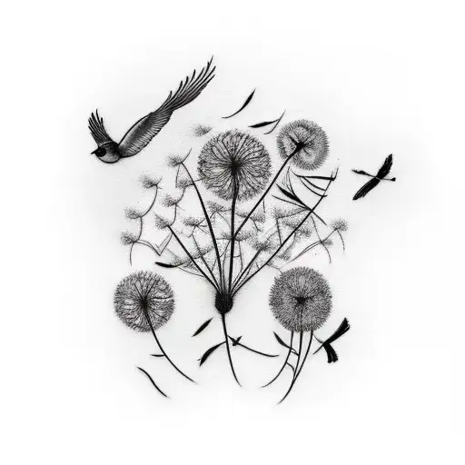 Faith in cursive with dandelions turning into birds tattoo design idea