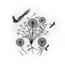 Faith in cursive with dandelions turning into birds tattoo design idea