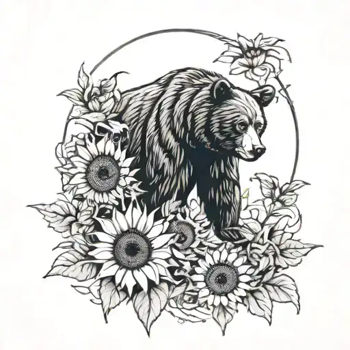 black bear and sunflowers intertwined tattoo design idea