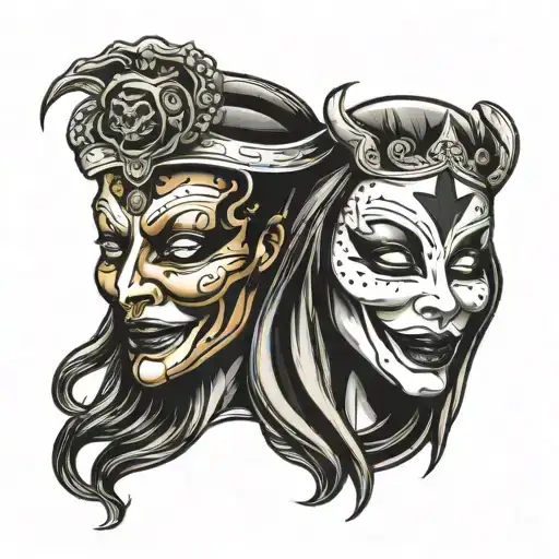 Comedy and Tragedy masks of theatre but the comedy mask is Deloris from Sister Act and Tragedy is Angel from Rent  tattoo design idea
