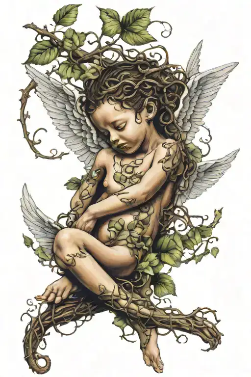 in utero angel being held down by a vine wrapping tattoo design idea