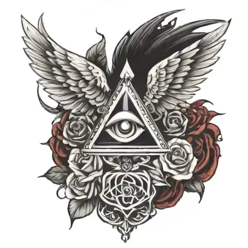 Illuminati logo with wings and roses hd 4k sharp tattoo design idea