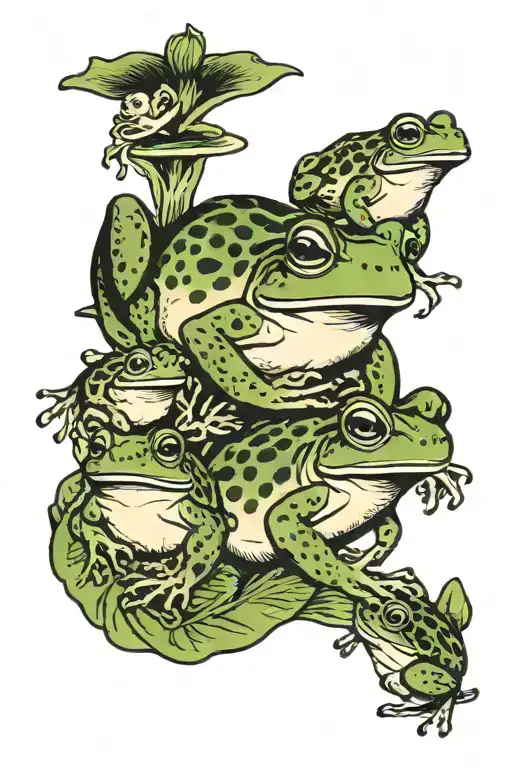 A traditional tattoo design of a mother frog surrounded by her froglet children, representing your role as a mother tattoo design idea