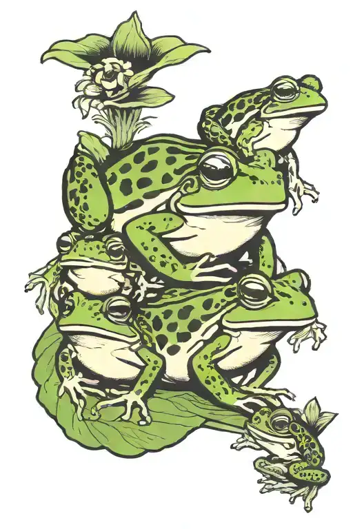 A traditional tattoo design of a mother frog surrounded by her froglet children, representing your role as a mother tattoo design idea