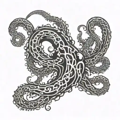 A black and white tattoo of tentacles starting from the lower leg and winding upward in a Lovecraftian style. The tentacles have smooth, curved lines with a slightly cartoonish look, featuring detailed suction cups for depth. The design evokes movement and dynamism, as if the tentacles are alive and climbing the leg. tattoo design idea