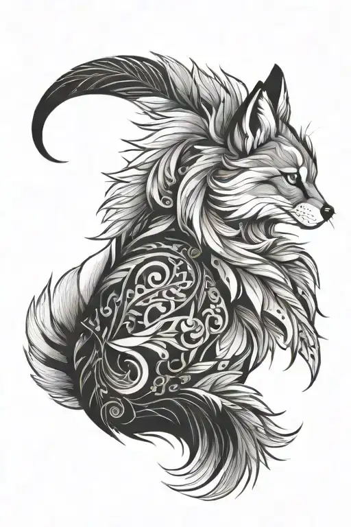 Create an image of a tattoo on the lower back featuring a realistic, fluffy tail with detailed fur texture, transitioning into graphic elements. Add abstract and geometric patterns that frame the tail to create a unique and stylish design. Use soft shades and accents to highlight the fluffy texture of the tail. The tattoo should be harmonious and detailed, suitable for placement on the back. tattoo design idea
