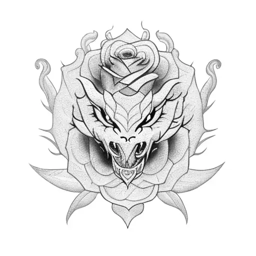 A fierce dragon coiled around a blooming rose tattoo design idea