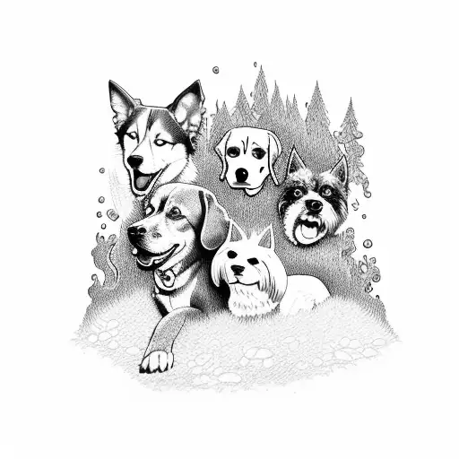 A pack of dogs playing in a lush mossy forest tattoo design idea