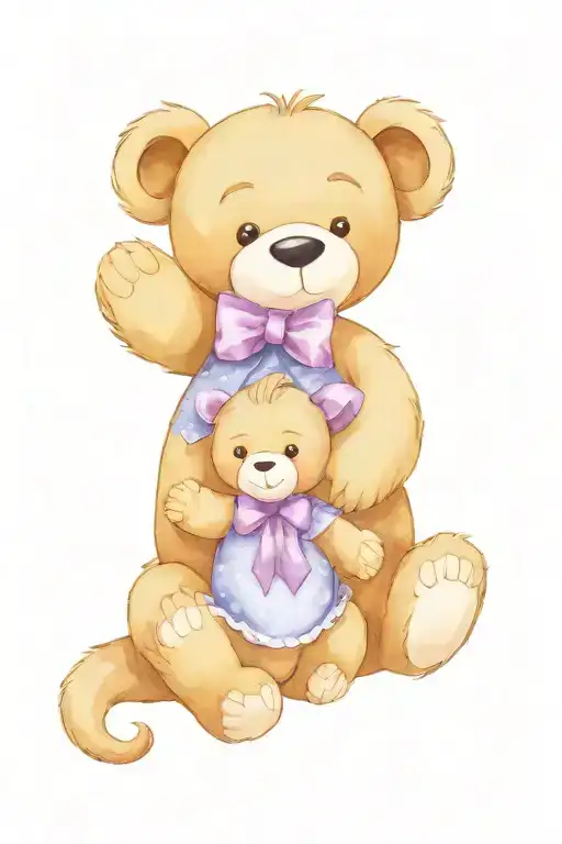 cartoon  BIG TEDDY BEAR WITH A periwinkle BLUE COLORED BOW on her neck, a purple monkey and a white goose with a blue tattoo design idea