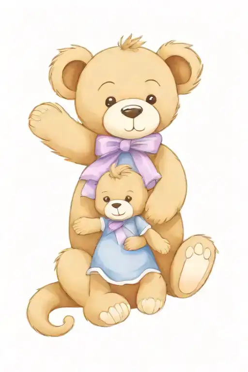 cartoon female teddy bear with a blue bow on her neck hugging a purple monkey and a white goose  tattoo design idea
