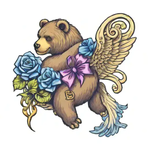 TATTOO OF A BIG TEDDY BEAR WITH A periwinkle BLUE COLORED BOW on her neck, a purple monkey and a white goose with a blue tattoo design idea