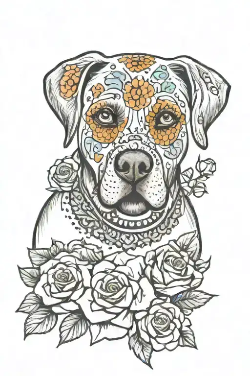 American Labrador sugar skull surrounded by flowers tattoo design idea