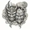 Two Oni masks surrounded by swirling clouds that represent the sun and moon celestial bodies  tattoo design idea