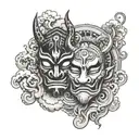 Two Oni masks surrounded by swirling clouds that represent the sun and moon celestial bodies  tattoo design idea