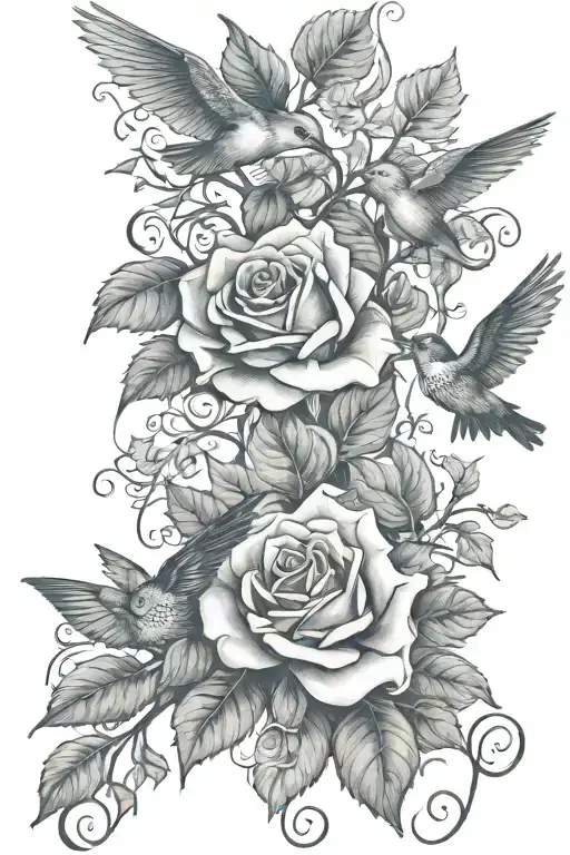 Elijah intertwined in roses an ivy vines with humingbirds coyfish  tattoo design idea