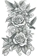 Elijah intertwined in roses an ivy vines with humingbirds coyfish  tattoo design idea