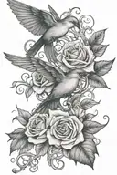 Elijah intertwined in roses an ivy vines with humingbirds coyfish  tattoo design idea