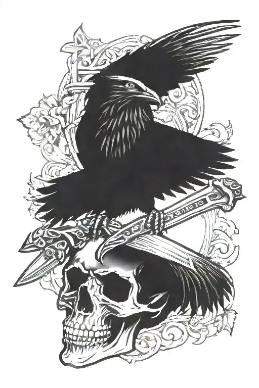 skull, dagger, crow tattoo design idea