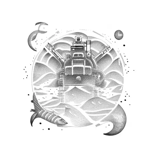 A mining excavator emerging from the depths of the ocean tattoo design idea