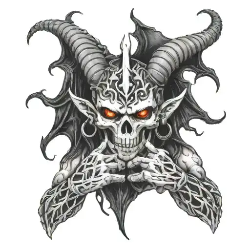dragon wings. goat man. fighter. skull face. his fists are wrapped in chain. flaming eyes. angry. tattoo design idea