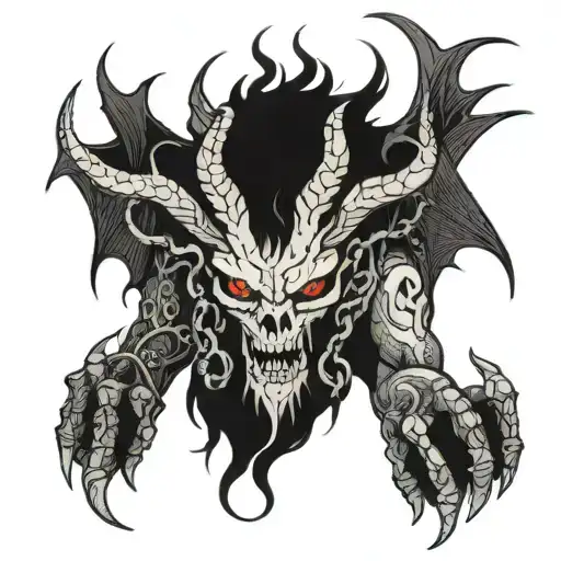dragon wings. goat man. fighter. skull face. his fists are wrapped in chain. flaming eyes. angry. tattoo design idea