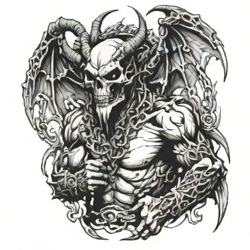 dragon wings. goat man. fighter. skull face. his fists are wrapped in chain. flaming eyes. angry. tattoo design idea