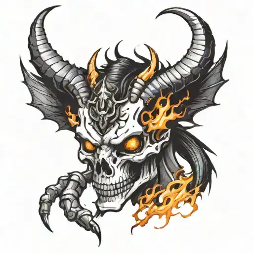 Draw a man with a skeleton face, goat horns,black fur, flaming eyes and dragon wings. Let him look ahead. his fists wrap tattoo design idea