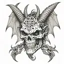 dragon wings. goat man. fighter. skull face. his fists are wrapped in chain. flaming eyes. angry. tattoo design idea