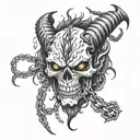 dragon wings. goat man. fighter. skull face. his fists are wrapped in chain. flaming eyes. angry. tattoo design idea