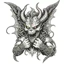 dragon wings. goat man. fighter. skull face. his fists are wrapped in chain. flaming eyes. angry. tattoo design idea