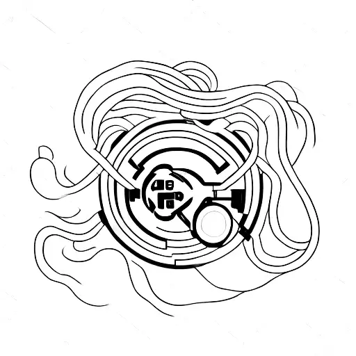 A minimalist tattoo of a gaming controller and a coffee cup intertwined with each other. tattoo design idea