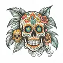 sugar skull and palm trees tattoo design idea